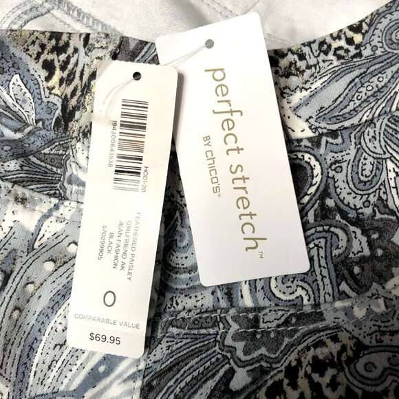 Chico's NWT Feathered Paisley Girlfriend Slim Leg Ankle Jeans Size 0 - Picture 8 of 11